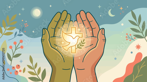 People observe National Day of Prayer with hands holding dove symbol