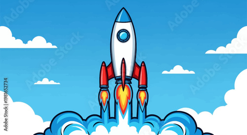 Cartoon rocket ship flying high.