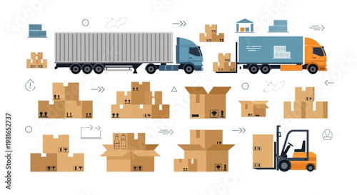 Cardboard boxes and delivery trucks.