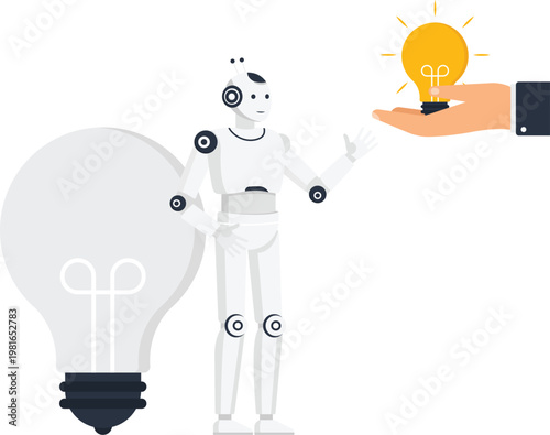 Humanoid robot receiving bright idea lightbulb from human hand symbolizing artificial intelligence innovation and future technology concept