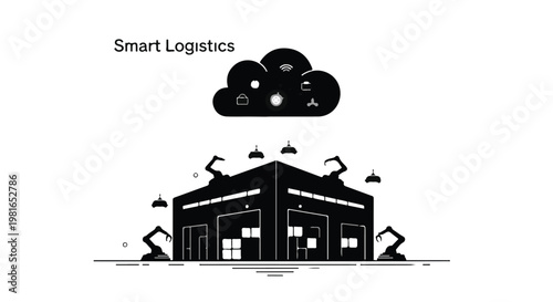 Warehouse facility features automated robotic arms and cloud technology integration in this sophisticated illustration depicting modern supply chain solutions and the future of industry.