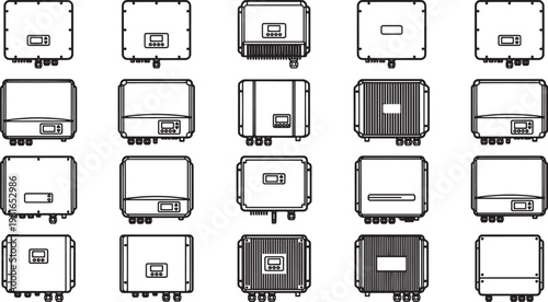 Grid-tie solar inverters with a focus on their design and functionality, arranged in a grid-like pattern. Illustrates innovation in sustainable technology and power generation.