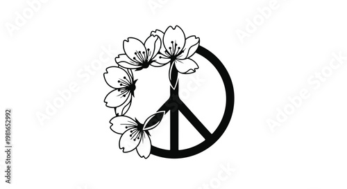 Peace symbol adorned with delicate cherry blossoms creates a powerful conceptual design representing harmony, tranquility, and the natural beauty of global unity in a minimalist style.