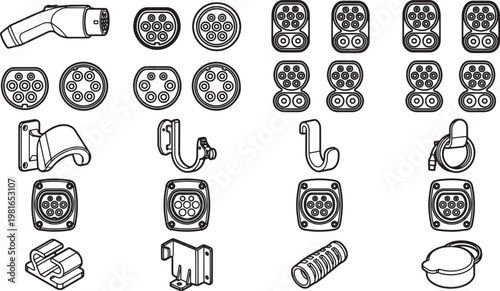 A detailed graphic displaying various types of electric vehicle charging connectors and associated hardware.