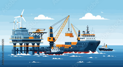 Offshore Wind Farm Installation: Platform, Crane Ship, Helicopter, Tugboats, Ocean