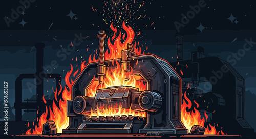 Retro Pixel Art Factory Machine Ablaze, Industrial Fire Scene, Dramatic Night Sky