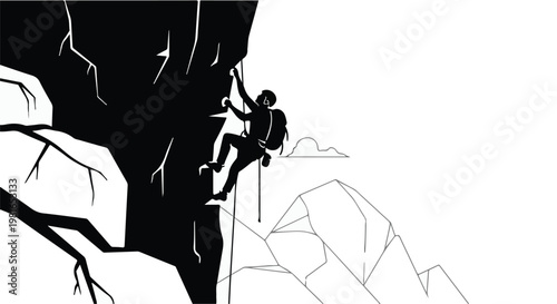 Climber scales a steep mountain cliff face with professional safety gear in this dramatic black and white illustration that captures the essence of extreme sports and personal achievement.