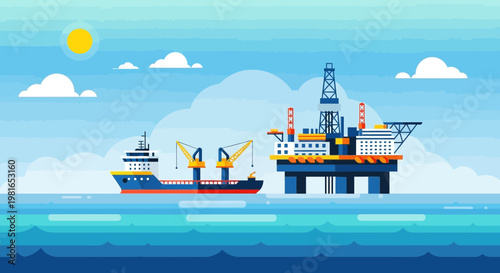 Offshore Oil Rig and Cargo Ship on the Ocean, Industrial Maritime Scene