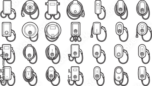 Charging station collection - an abstract graphic illustration of various electric vehicle charging stations, presented in a minimalist, black-and-white style.