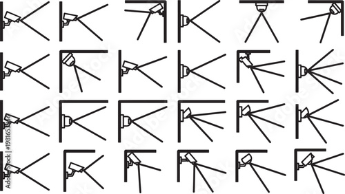 Security cameras capture surveillance configurations across various spaces, meticulously illustrating different angles for protection.