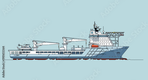 Modern offshore support vessel with helicopter and cranes, vector illustration