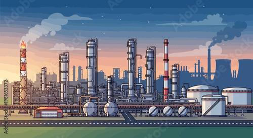 Industrial Oil Refinery Complex at Dusk, Pixel Art Style