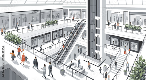 Busy shopping mall interior with escalators, elevators, shops, and diverse people