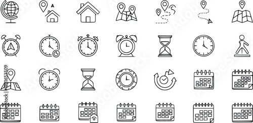 Hand-drawn set featuring navigation maps, clocks, hourglasses, and monthly calendars