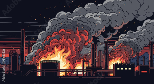 Industrial factory ablaze with dark smoke billowing into the night sky.
