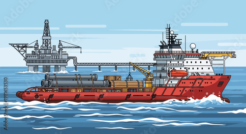 Offshore Support Vessel transfers supplies to oil rig platform in the ocean, industrial illustration