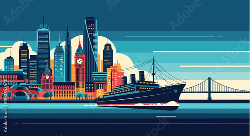 Vintage Steamboat Sails Past Iconic City Skyline with Bridge in Background