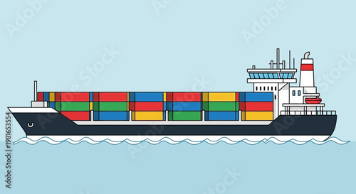 Cargo Ship Carrying Colorful Shipping Containers on the Blue Sea, Vector Illustration
