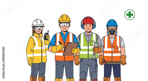 Diverse Construction Team Safety Gear On White Background