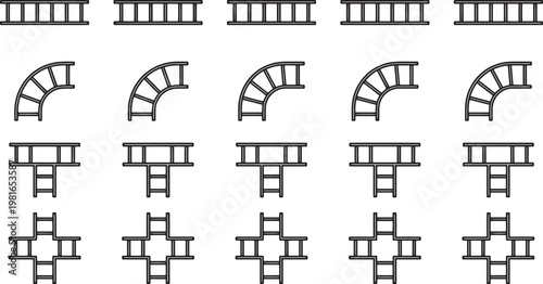 Conceptual illustration of various cable trays, presented as a black and white graphic, which illustrates the diversity of cable tray systems.