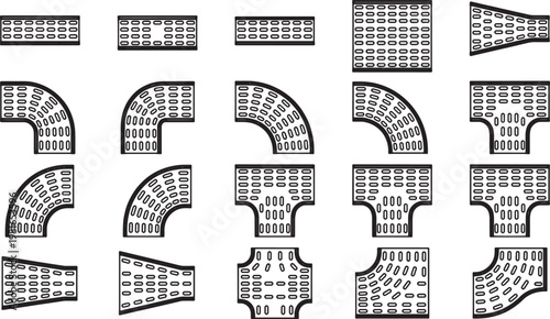 An abstract array of industrial conduits and fittings in graphic precision for technological applications.