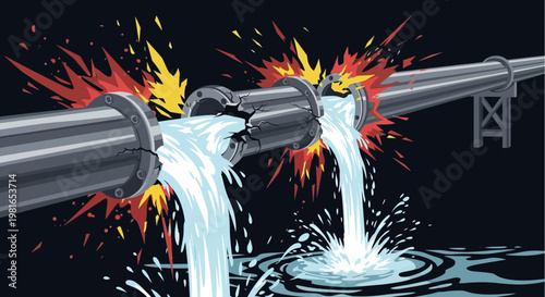 Bursting industrial pipe with water gushing out, explosion, dark background