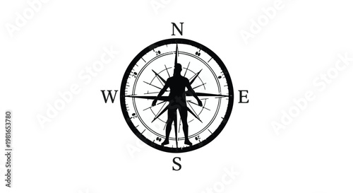 Compass combined with a human silhouette standing in the center illustrates the theme of personal direction, life navigation, and finding one's purpose in a complex and changing world today.