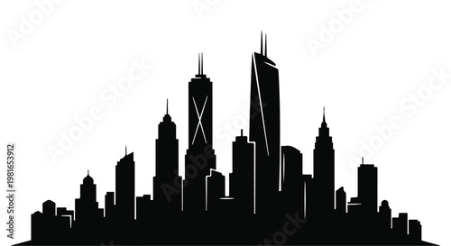 Skylines of a modern urban metropolis feature high-rise architecture and dense city structures silhouetted against a white background to symbolize development, global business, and real estate.