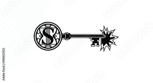 Key with a dollar sign symbol integrated into the head and a starburst effect at the blade represents the concept of financial security, wealth access, and investment success for business.