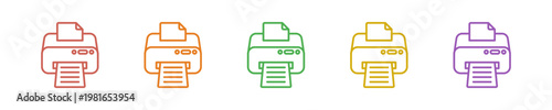 Printer Icon Set Multiple Style Collection. Vector Illustration Concept Designed In Line Colorful Style