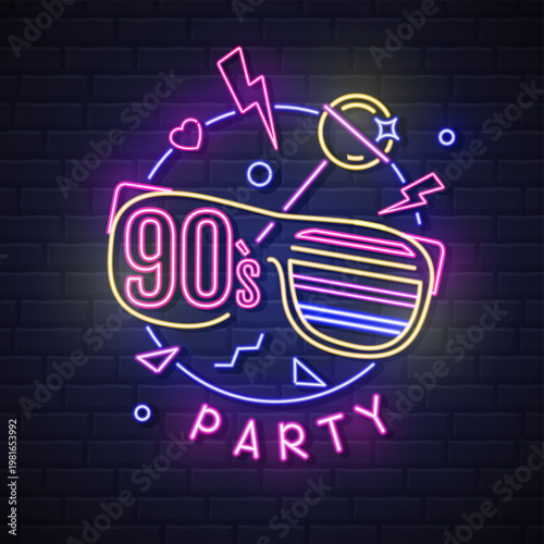 Retro Neon sign 90`s disco party with fluorescent sunglasses, lightning and lollipop. Vintage electric signboard. Vector illustration