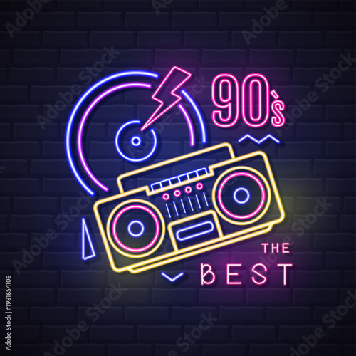 Retro Neon sign 90`s the best with fluorescent boombox, record and lightning. Vintage electric signboard. Vector illustration