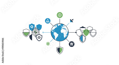 Global network security concept with interconnected shields and icons around a central earth illustration.