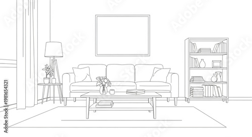 Obraz na płótnie Sketch of a living room interior with sofa and bookshelf.