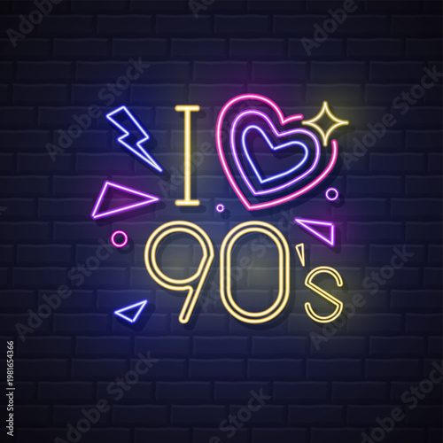 Retro Neon sign I love 90`s  with fluorescent heart, lightning and geometric elements. Vintage electric signboard. Vector illustration