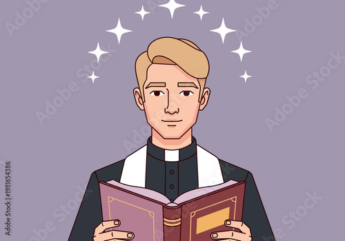 Illustration of a Young Catholic Priest or Pastor Holding an Open Bible with Divine Star Halo, Religious Faith and Spirituality Concept