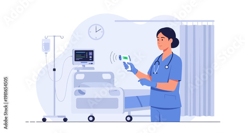 Nurse checking temperature with infrared thermometer in hospital room, medical equipment