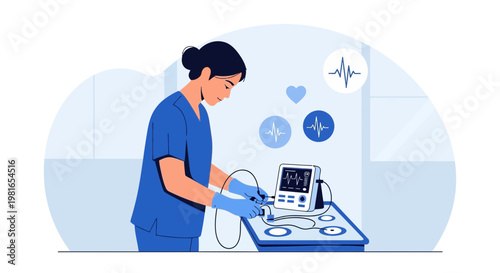 Nurse checking vital signs on medical equipment with heart rhythm graphics