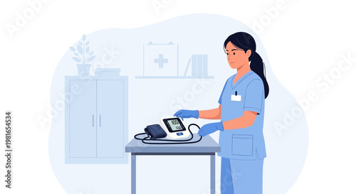 Nurse checking vital signs with blood pressure monitor in clinic, medical examination concept