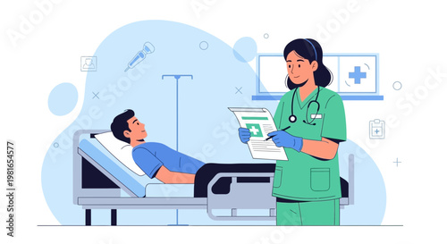 Nurse checks patient chart in hospital room with IV drip and medical icons