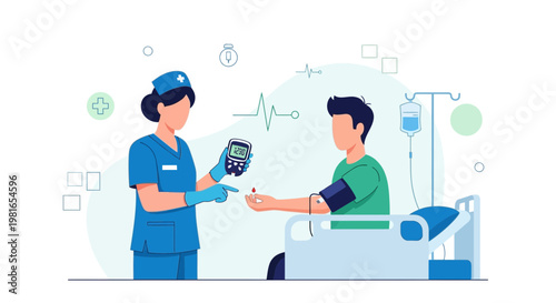 Nurse checks patient's blood pressure and glucose level in hospital room with IV drip