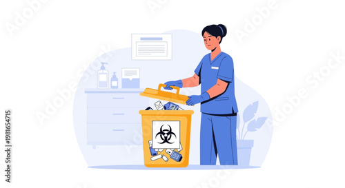 Nurse Disposing Biohazard Waste in Yellow Bin with Biohazard Symbol
