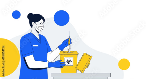 Nurse Disposing of Medical Waste in Biohazard Bin, Healthcare Safety Concept