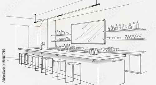 Sketch of a modern bar interior with stools and shelves.