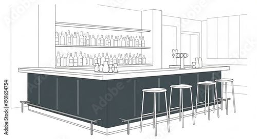 Sketch of a modern bar with stools and shelving.