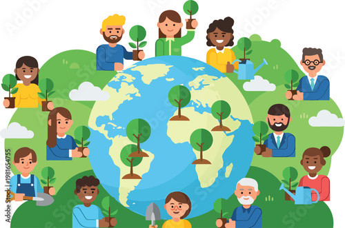 Diverse group of people from around the world planting trees and caring for the Earth, symbolizing global environmental protection and community effort.
