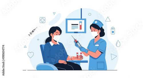 Nurse drawing blood from patient for medical test, healthcare concept illustration