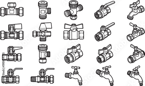 Array of industrial taps and valves, expertly outlined, representing precision engineering and plumbing hardware.