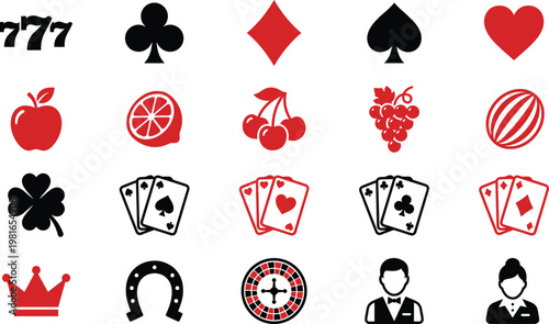 Casino Symbol Set Featuring 777, Playing Cards, Fruits, Roulette, Horseshoe, and Card Dealer Icons for Gambling and Slot Machine Designs