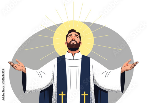 Spiritual Priest or Minister in Religious Robes with Outstretched Arms and Glowing Halo Illustration, Christian Faith and Blessing Concept
